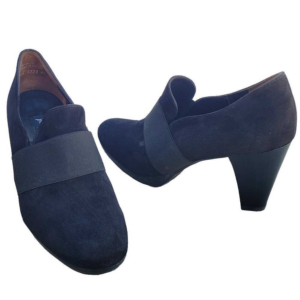 Paul Green Tea Pumps Black Suede Elastic Strap Heels Round Toe 8